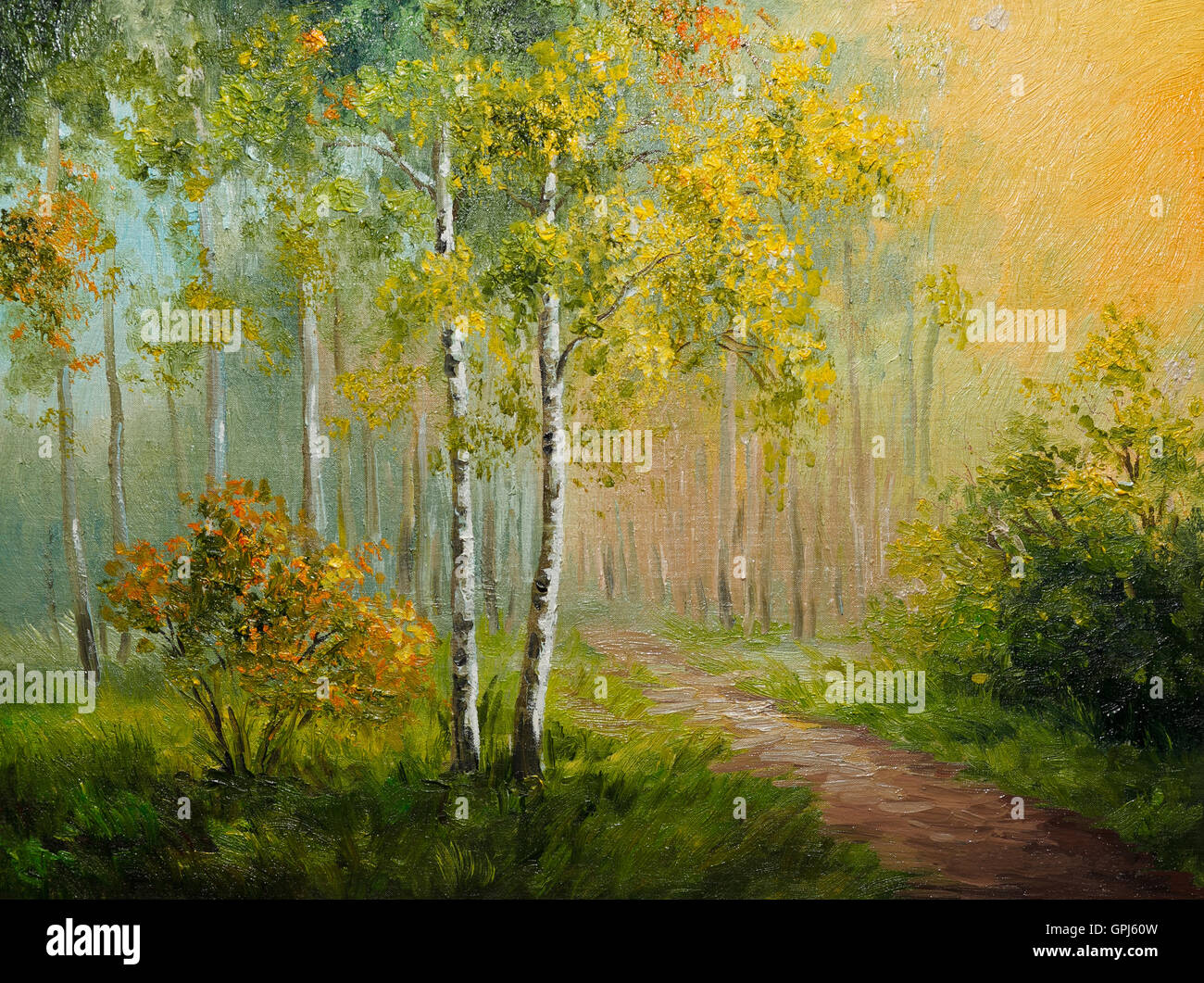 Huile sur toile - forêt de bouleaux, dessin abstrait, fait dans le style de l'Impressionnisme, vert, printemps Banque D'Images