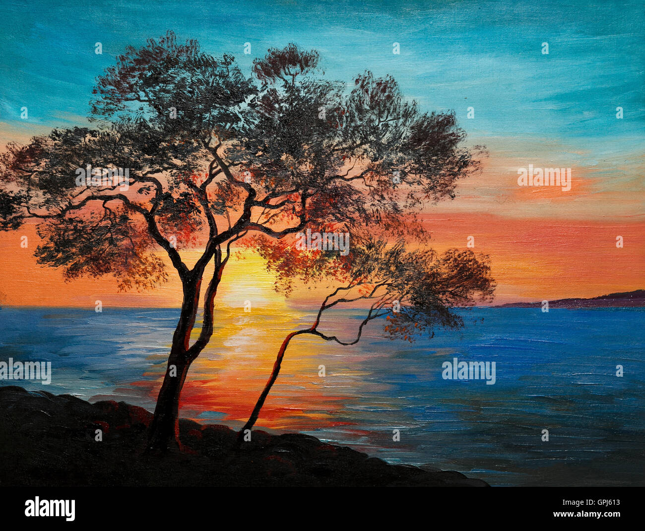 Huile sur toile - arbre près du lac au coucher du soleil, le papier peint décoration ; Banque D'Images