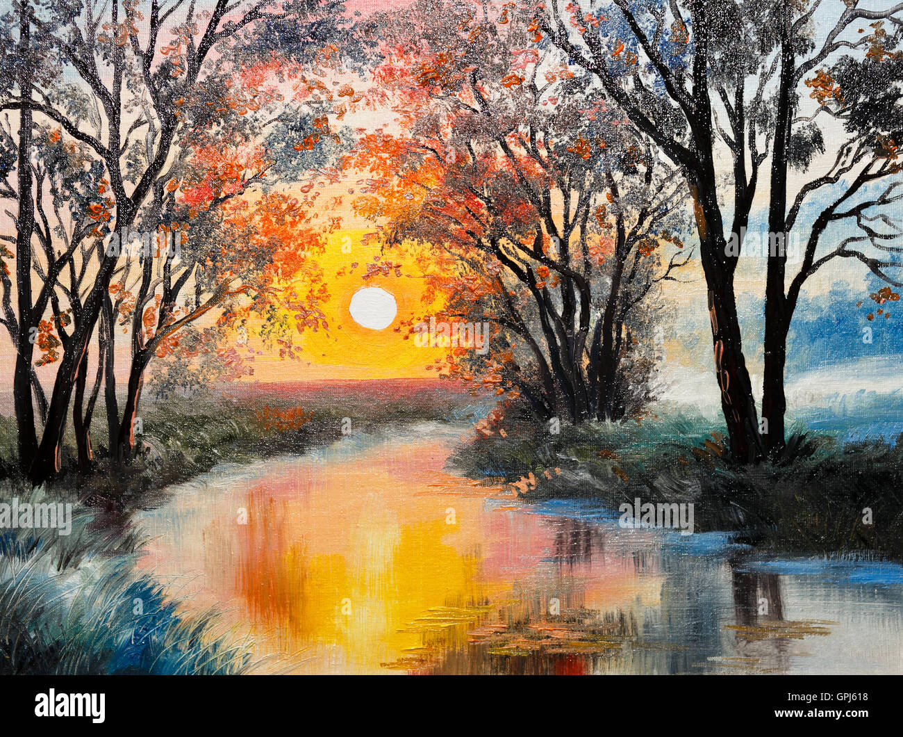 Huile sur toile - la rivière, aquarelle, papier peint, arbre Banque D'Images