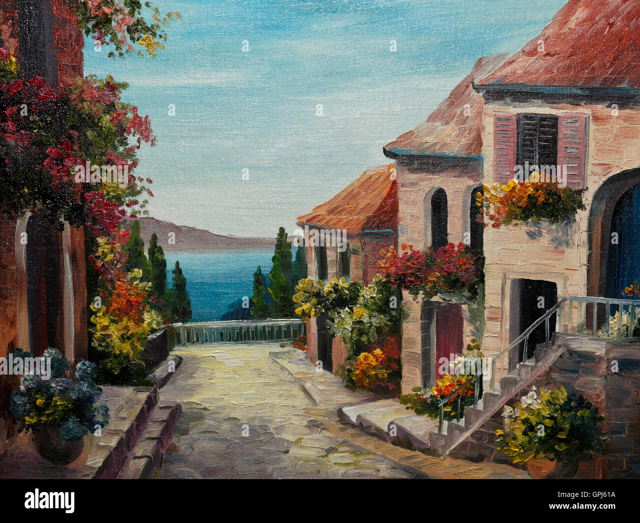 Huile sur toile - maison proche de la mer, en Europe, le volcan Banque D'Images