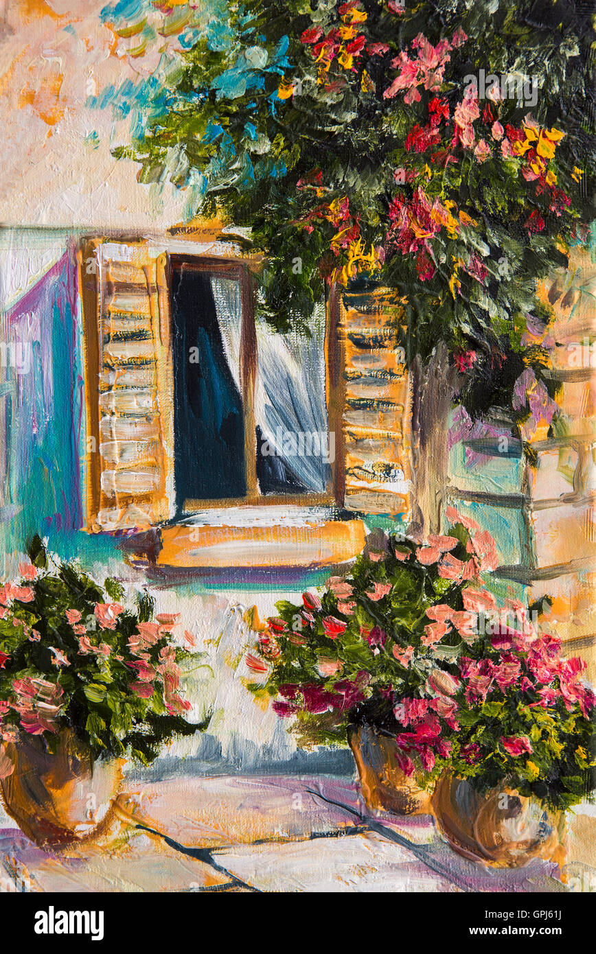 Peinture à l'huile - la belle nature, fleurs colorées, rue grecque Banque D'Images