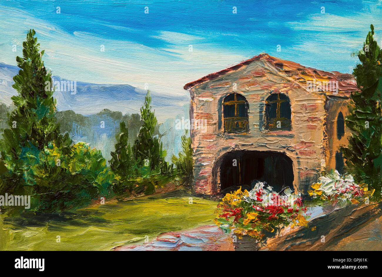 Peinture à l'huile - village italien, magnifique paysage de montagne Banque D'Images