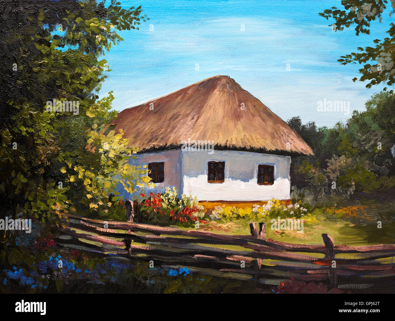 Peinture à l'huile - la maison dans la forêt, soleil Banque D'Images