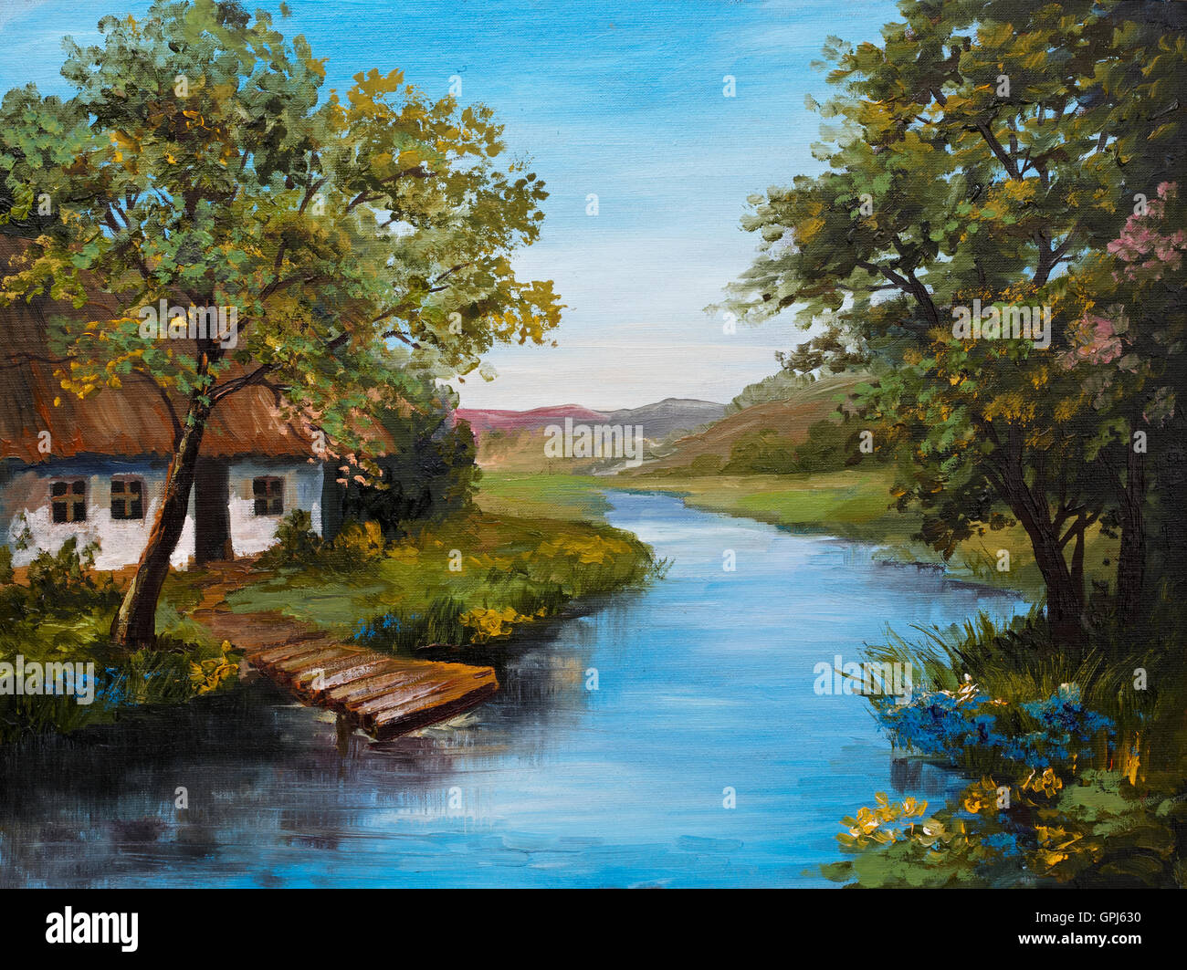 Peinture à l'huile - ferme près de la rivière, fleuve bleu, bleu ciel, vert, forêt d'été champ rempli de fleurs, pier près de river Banque D'Images