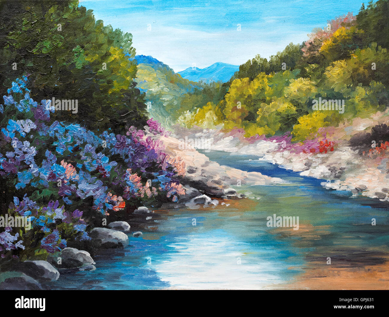 Peinture à l'huile - rivière de montagne, des fleurs près de la roche, forêt, piscine ; wallpaper ; décoration Banque D'Images