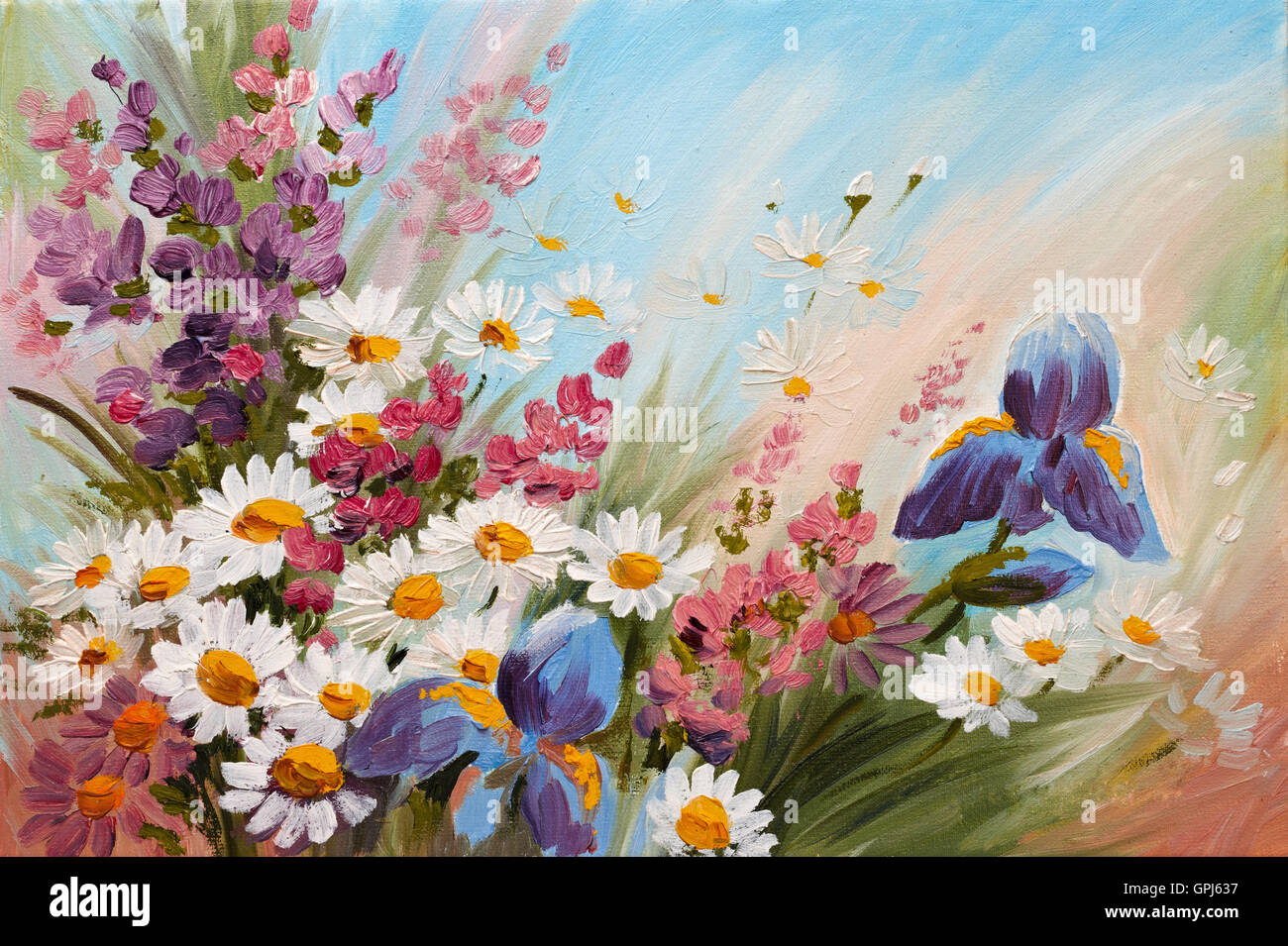 Peinture à l'huile - abstract illustration de fleurs, roses, verts, papier peint, décoration Banque D'Images