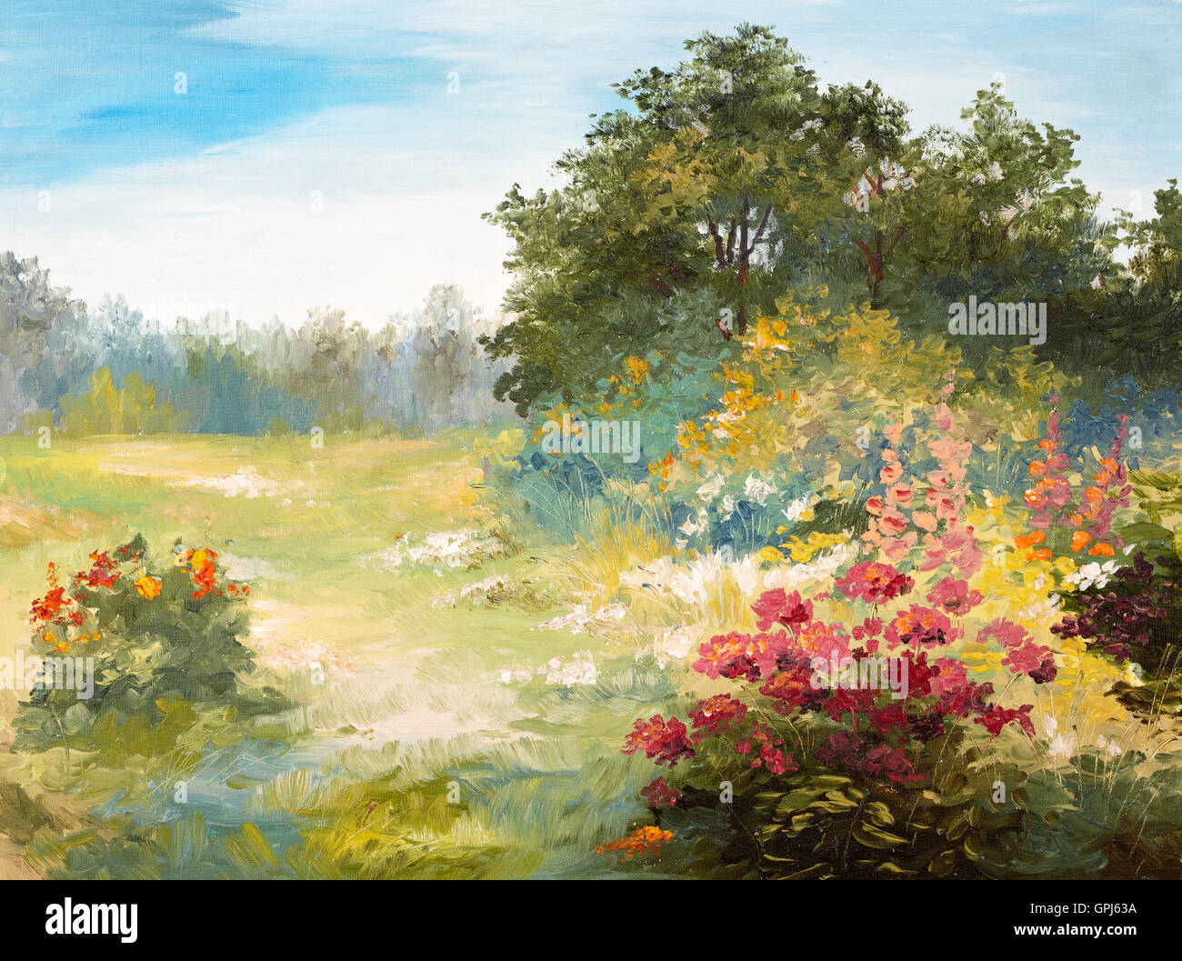 Peinture à l'huile - Terrain avec fleurs et forêt, journée d'été, le papier peint ; arbre ; décoration Banque D'Images