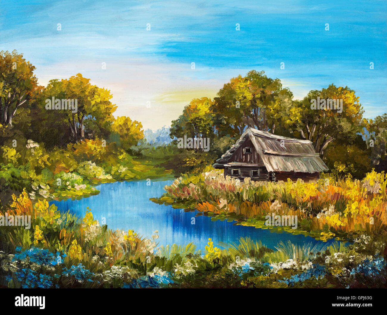Peinture à l'huile - ferme près de la rivière, fleuve bleu, bleu ciel, vert, forêt d'été champ rempli de fleurs, belle Banque D'Images