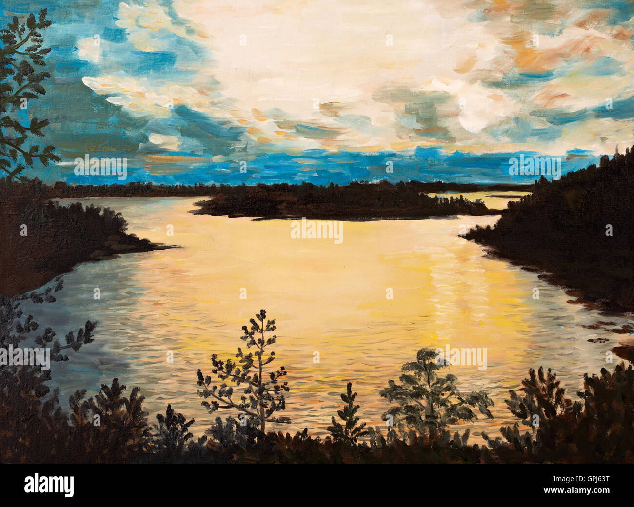 Huile sur toile - coucher de soleil sur le lac, dessin abstrait, réalisée dans le style de l'Impressionnisme, l'automne, l'arrière-plan Banque D'Images