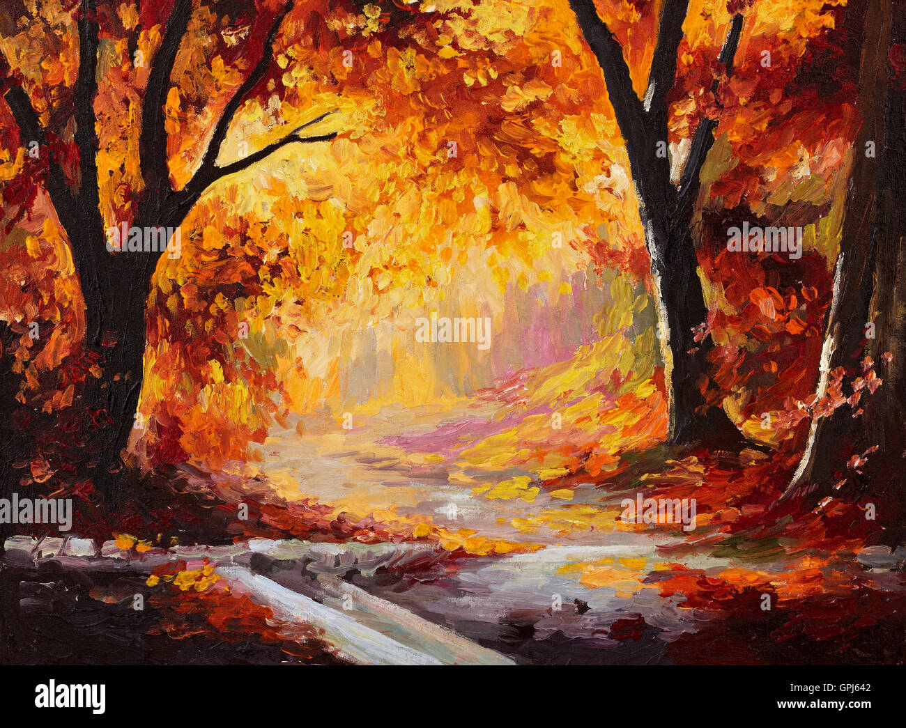 Peinture à l'huile - forêt d'automne, feuilles, papier peint lumineux ; arbre ; décoration Banque D'Images