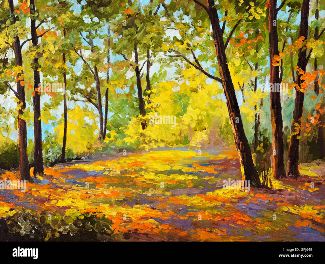 Peinture à l'huile - forêt d'automne, des feuilles, des arbres, de la décoration de l'automne ; Banque D'Images
