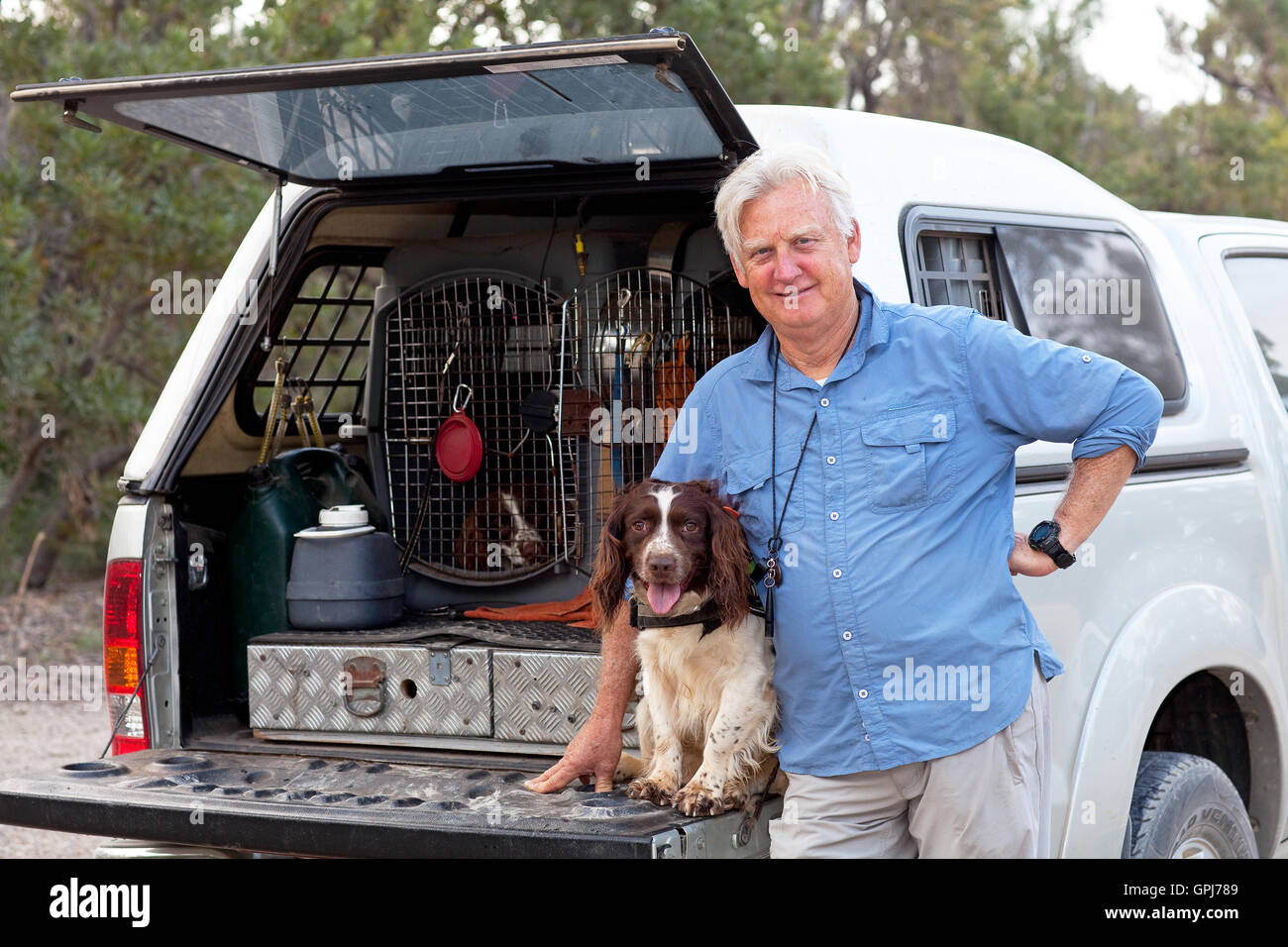 Entraîneur de chien, Steve Austin avec chien de détection animale sauvage, boulon. Le Parc National de Black Rock, NSW, Australie Banque D'Images