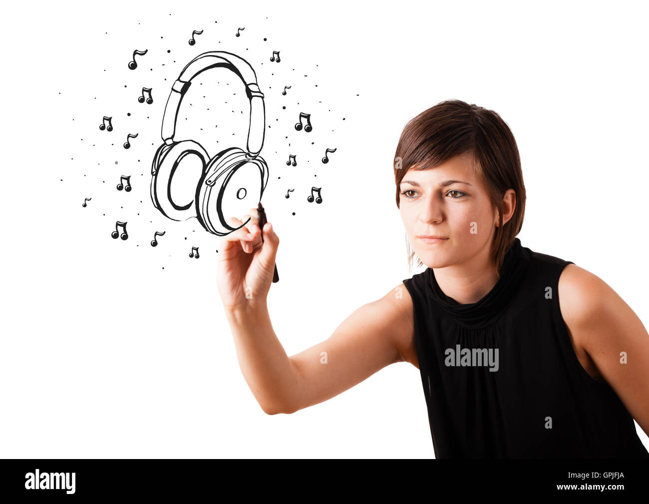 Jeune Fille Casque De Dessin Et Des Notes De Musique Photo Stock Alamy