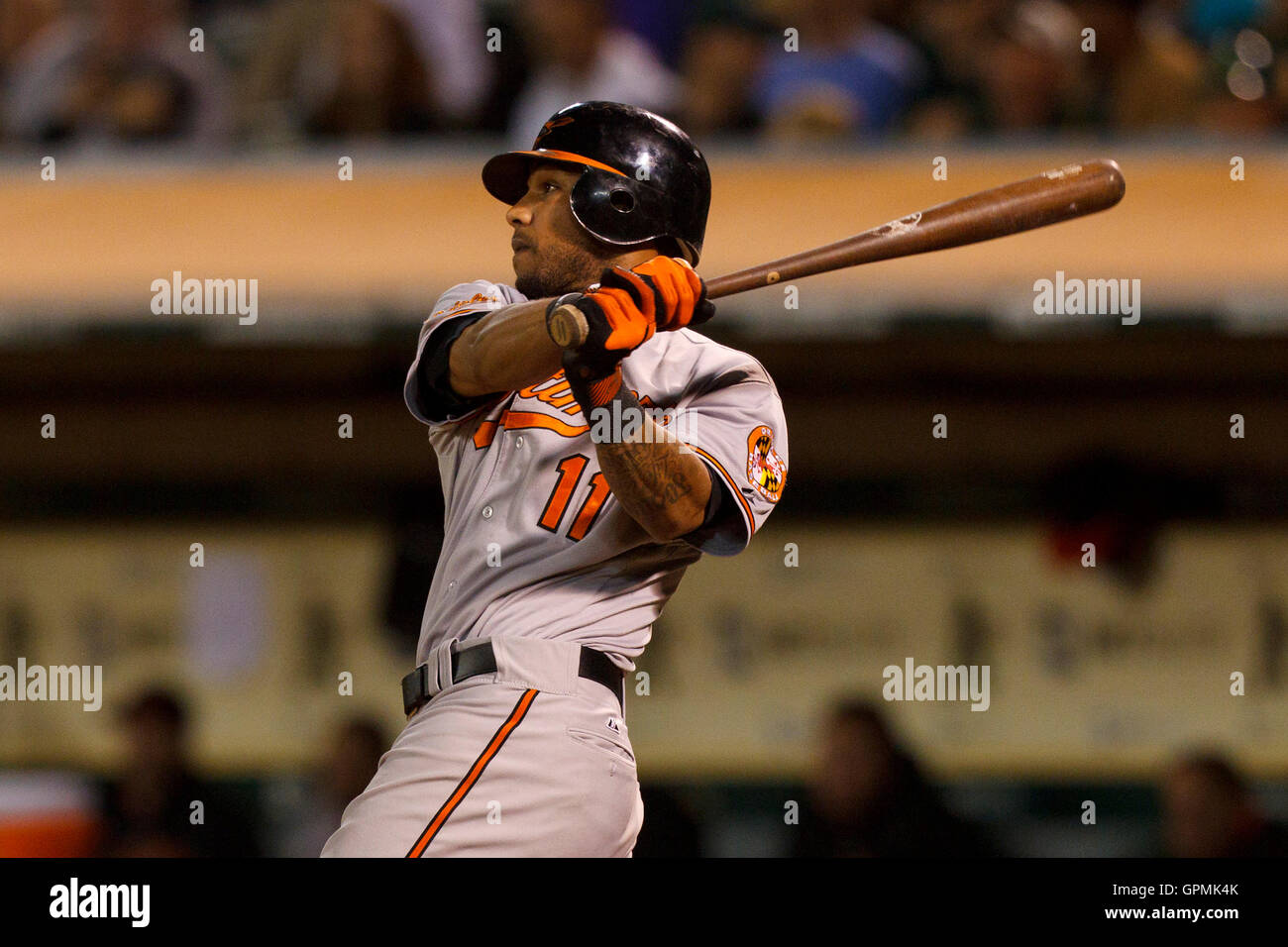 15 août, 2011 ; Oakland, CA, USA ; Baltimore Orioles le deuxième but Robert Andino (11) hits un double deux points produits contre les Athletics d'Oakland durant la septième manche chez O.co Coliseum. Banque D'Images
