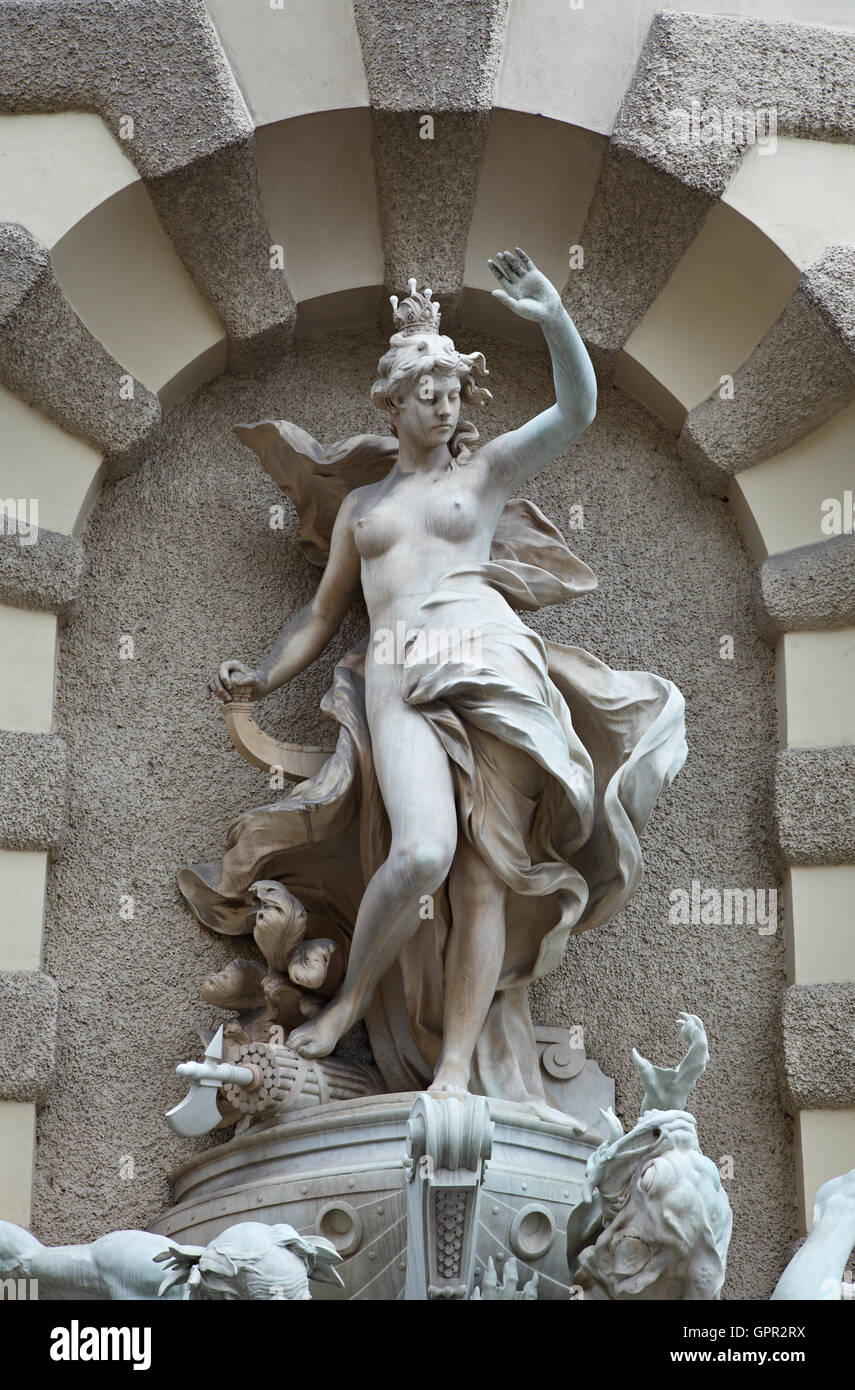 Sculptures sur Michaelerplatz Fontaine en quart de la Hofburg, Vienne Banque D'Images