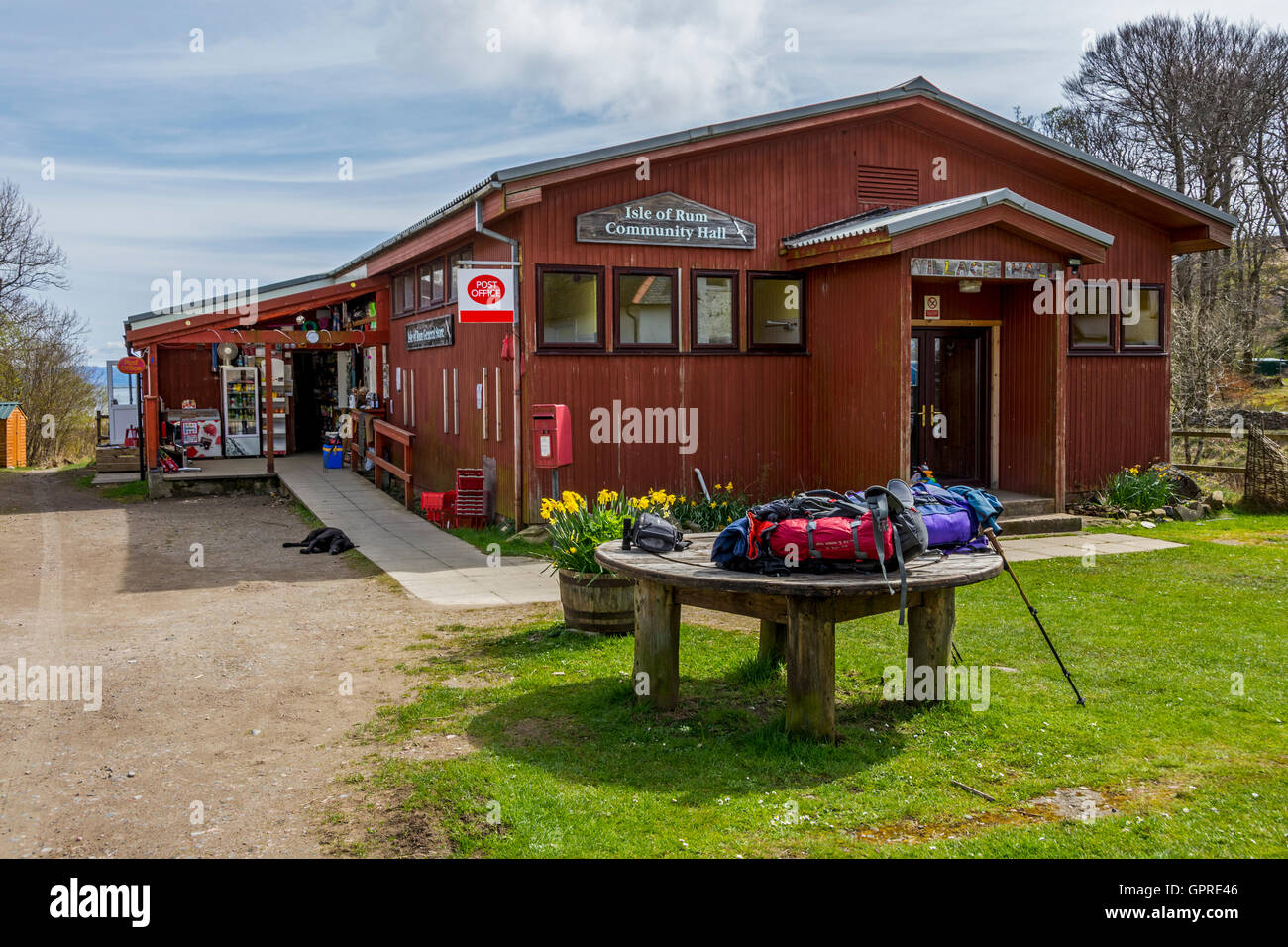 La salle communautaire et boutique à Kinloch, à l'île de Rum, Ecosse, Royaume-Uni. Banque D'Images