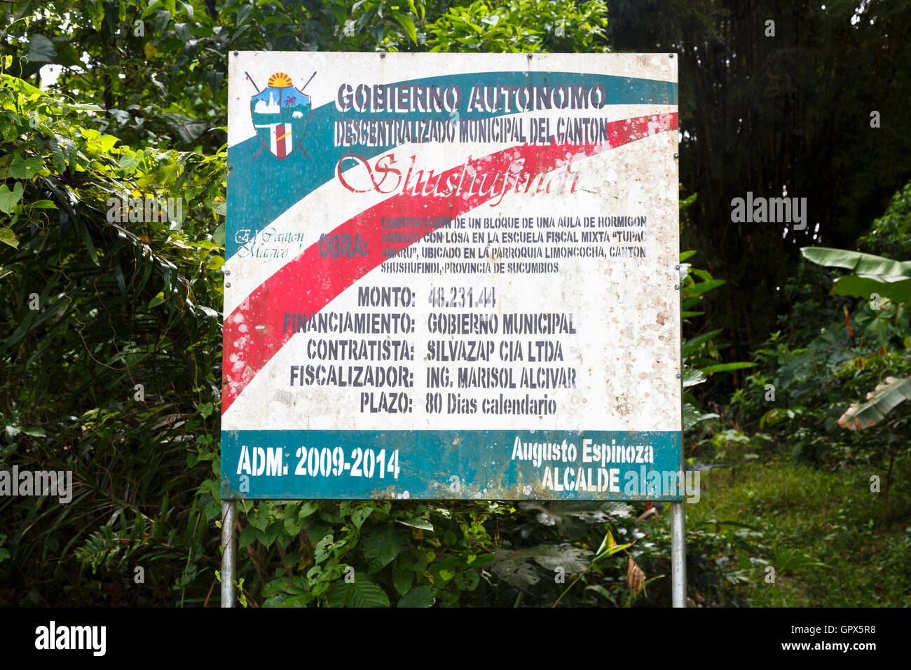 Signer avec les détails de l'Pilchi communauté sur le fleuve Napo (un affluent de l'Amazone), Equateur, Amérique du Sud Banque D'Images