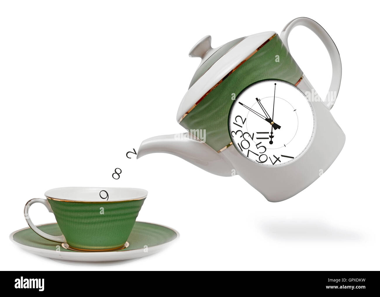 Théière en porcelaine avec réveil à l'avant l'heure du thé. Banque D'Images