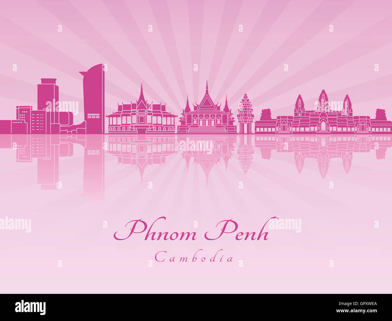 Phnom Penh skyline en violet orchidée radieuse en fichier vectoriel éditable Banque D'Images