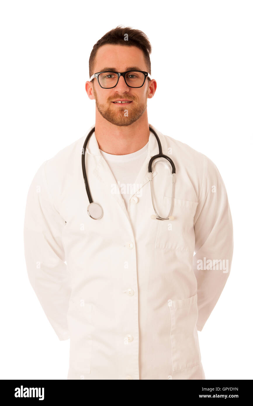 Beau médecin en robe blanche avec stéthoscope autour du cou blanc plus isolés. Banque D'Images