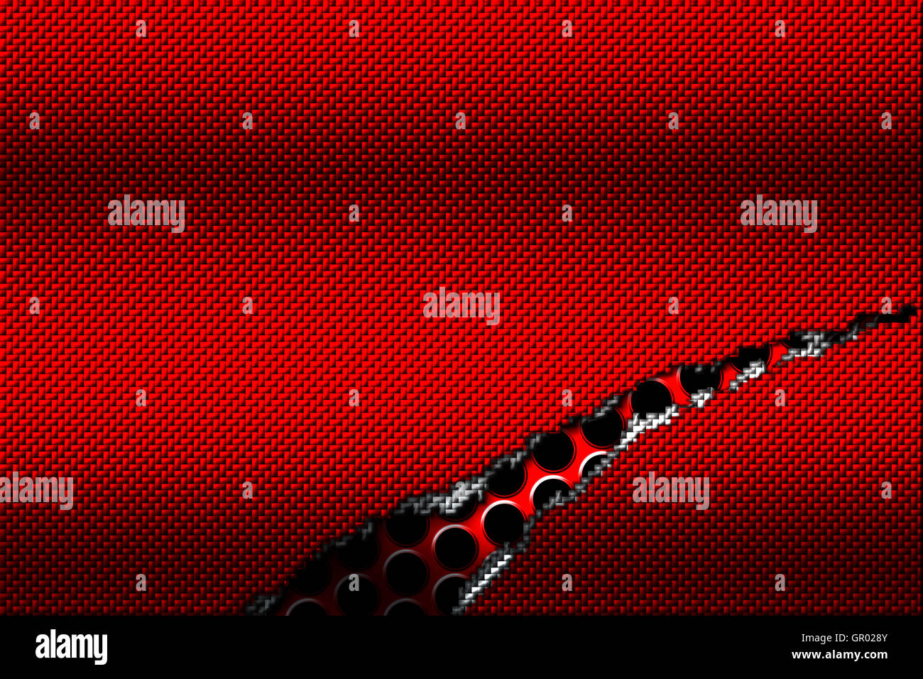 Le rouge et le blanc de la fibre de carbone la larme sur le grillage métallique rouge. contexte et la texture. 3d illustration. Banque D'Images