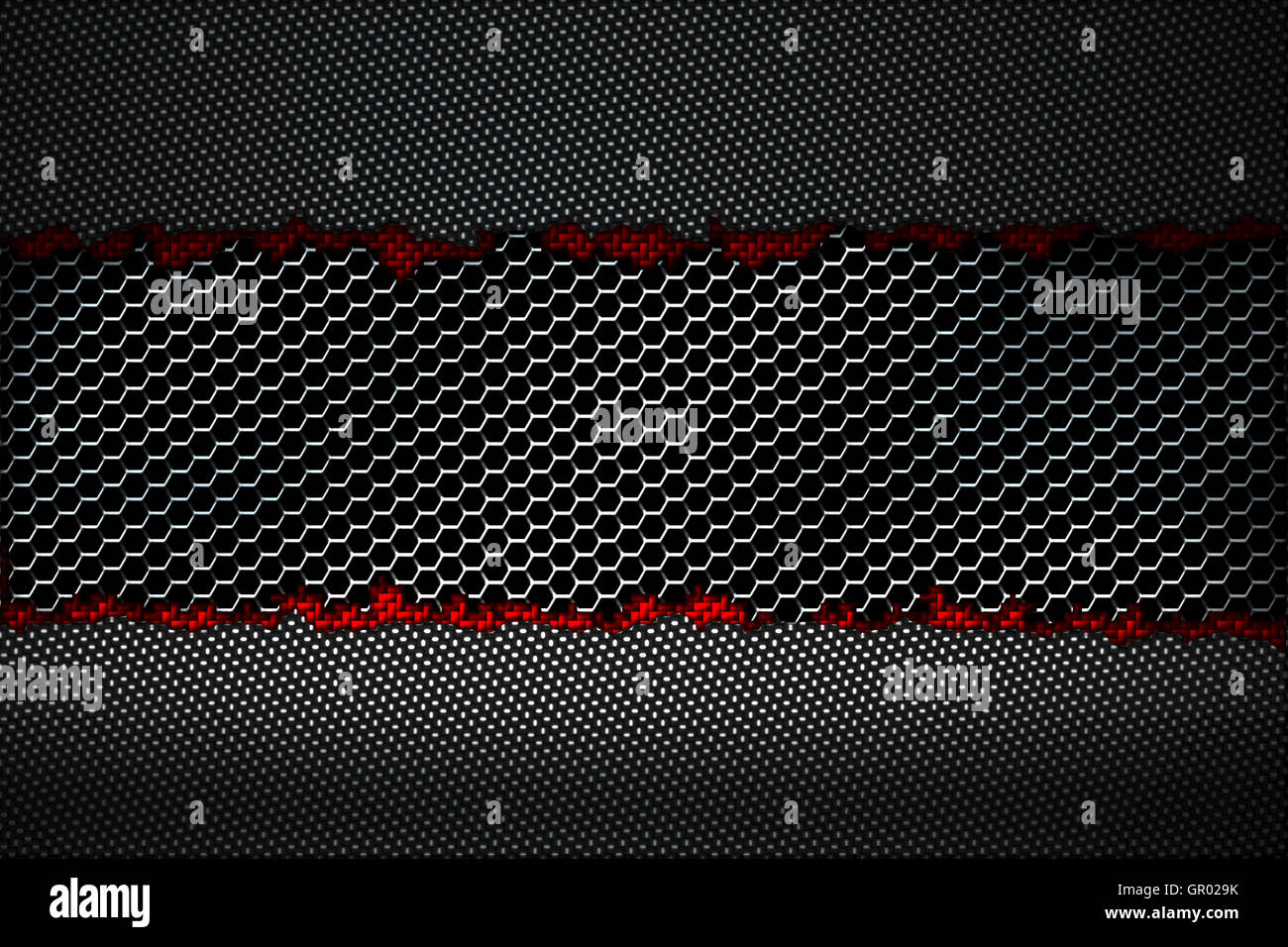 La fibre de carbone noir et rouge larme sur le grillage métallique noir. contexte et la texture. 3d illustration. Banque D'Images