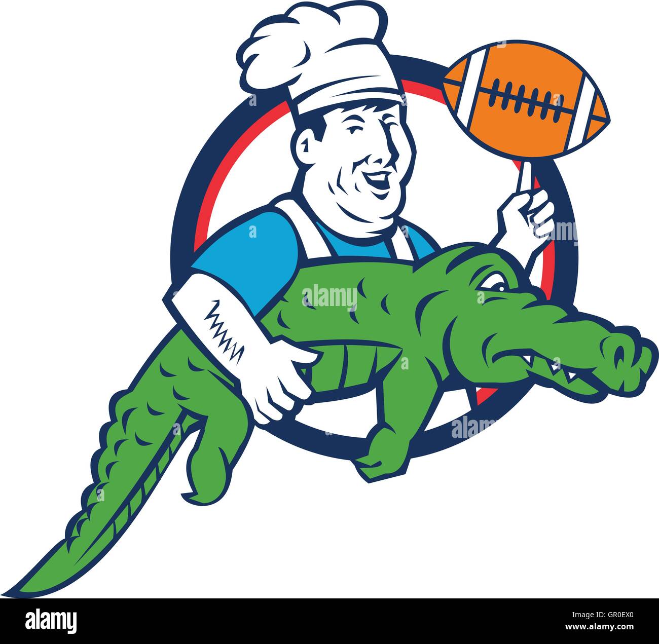 Illustration d'un smiling chef wearing hat cook et de l'aire de foot ball virevoltant et alligator vu de côté, mis à l'intérieur du cercle fait en style rétro. Illustration de Vecteur