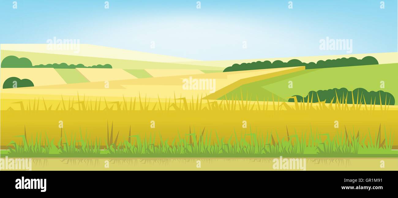 Vector abstract Paysage vert avec des champs jaunes, des collines et des routes, télévision style zigzag. Illustration de Vecteur