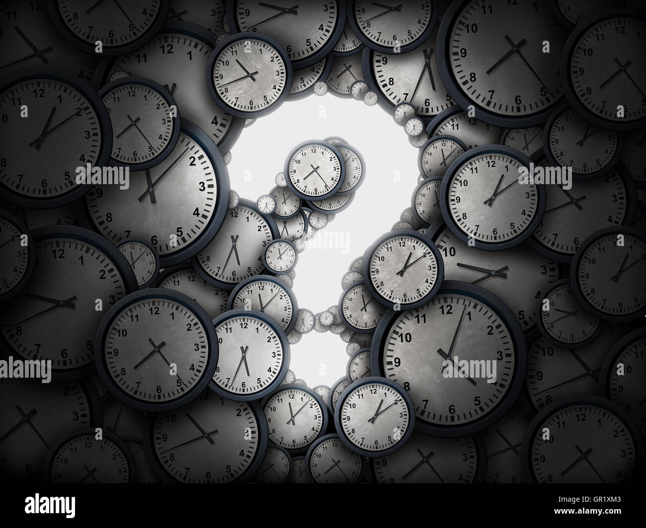 Notion du temps ou de l'entreprise question annexe questions symbole comme un groupe d'horloges en forme d'un icône pour l'incertitude Banque D'Images
