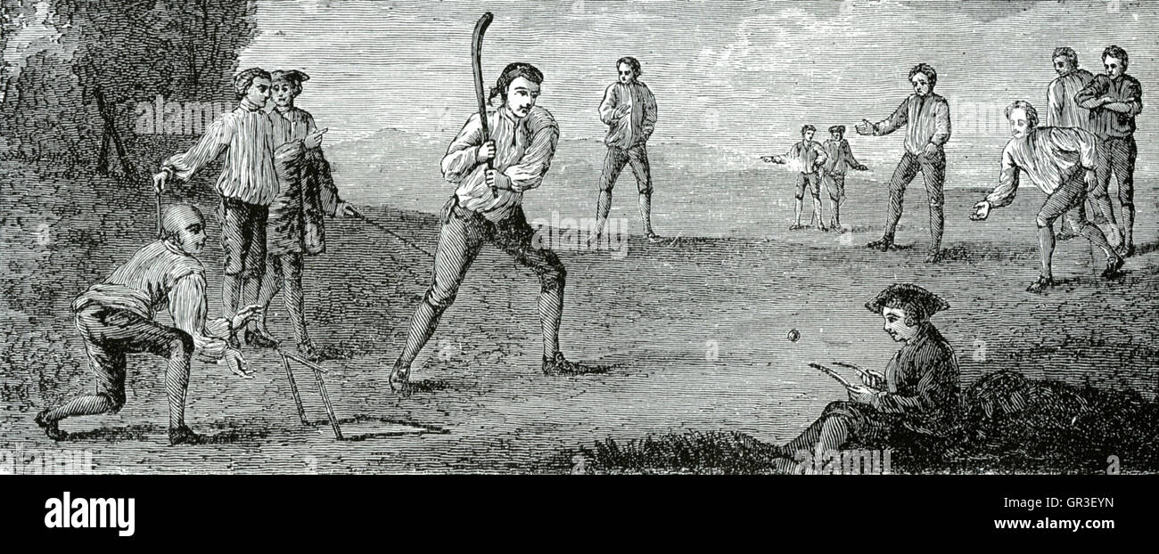 La gravure de cricket de 1770 montrant underarm bowling,un bat, deux souches et le score étant conservés sur un bâton sculpté Banque D'Images
