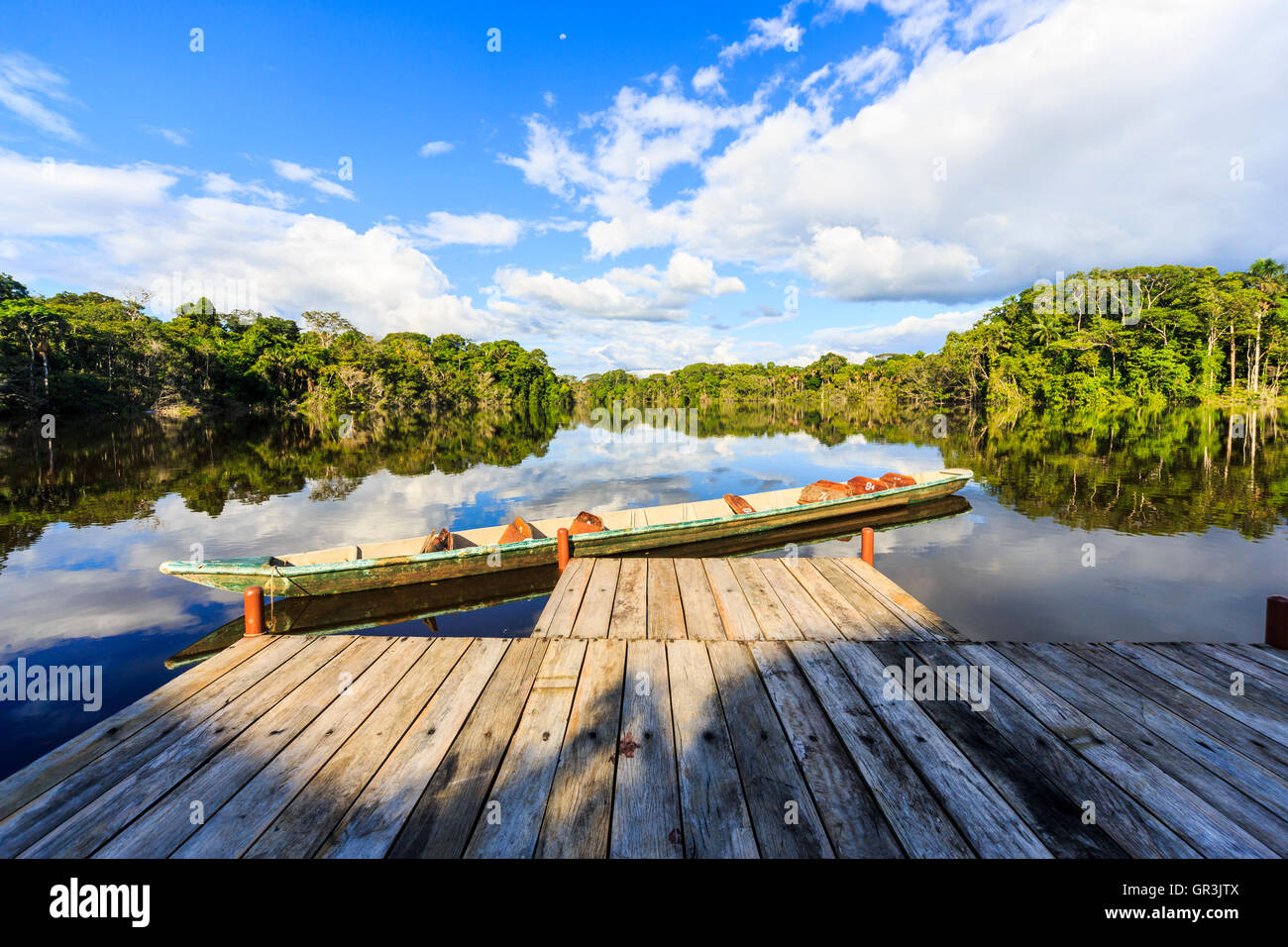 Canoë sur la lagune Garzacocha dans la forêt tropicale amazonienne au Lodge la Selva sur la rivière Napo, Équateur, Amérique du Sud par une journée ensoleillée Banque D'Images