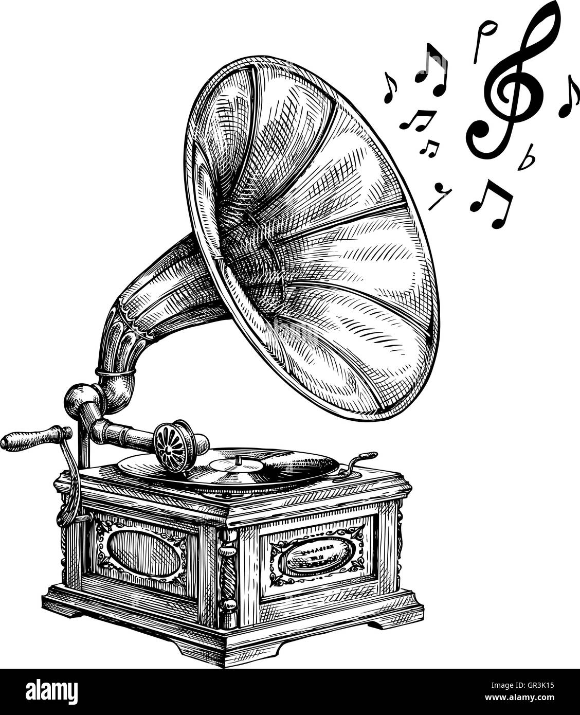 Gramophone vintage dessiné à la main avec les notes de musique. Vector illustration Illustration de Vecteur