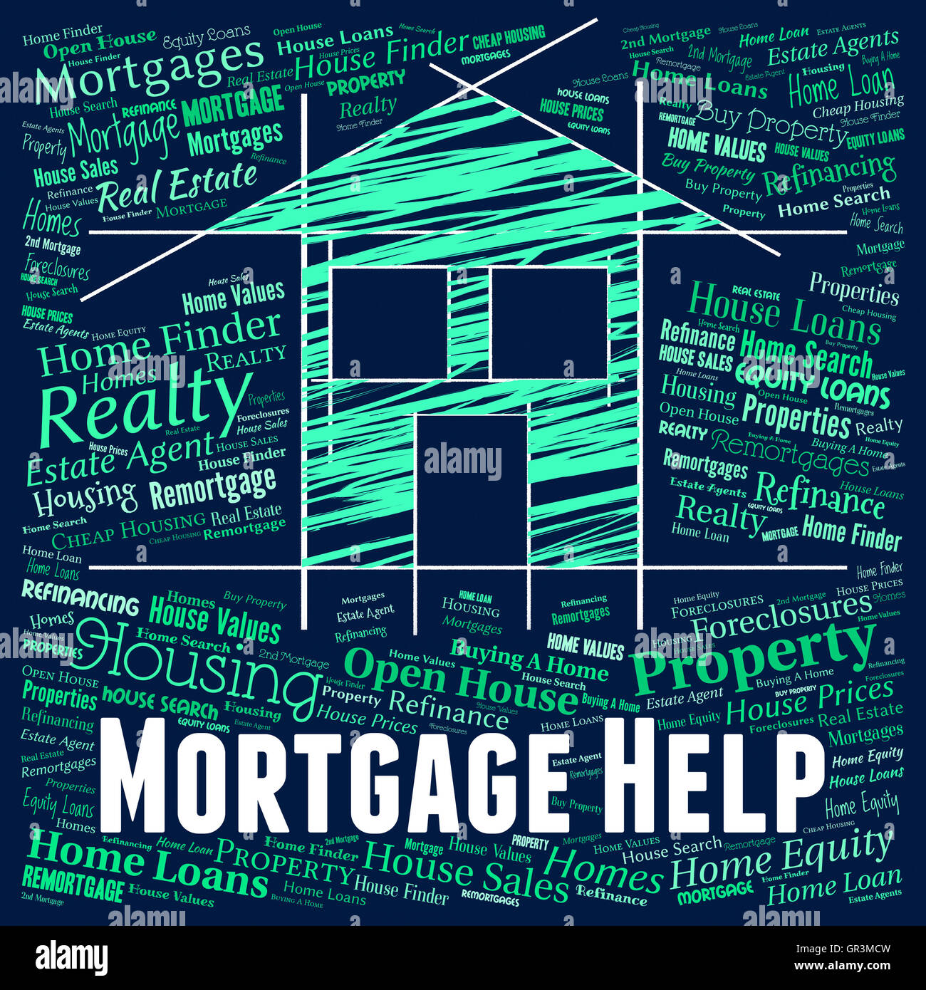 Aide hypothécaire prêt immobilier et d'information indiquant Banque D'Images