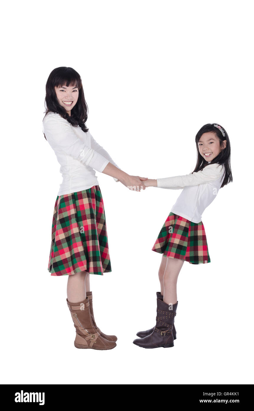 Heureuse mère et fille sur fond blanc Banque D'Images