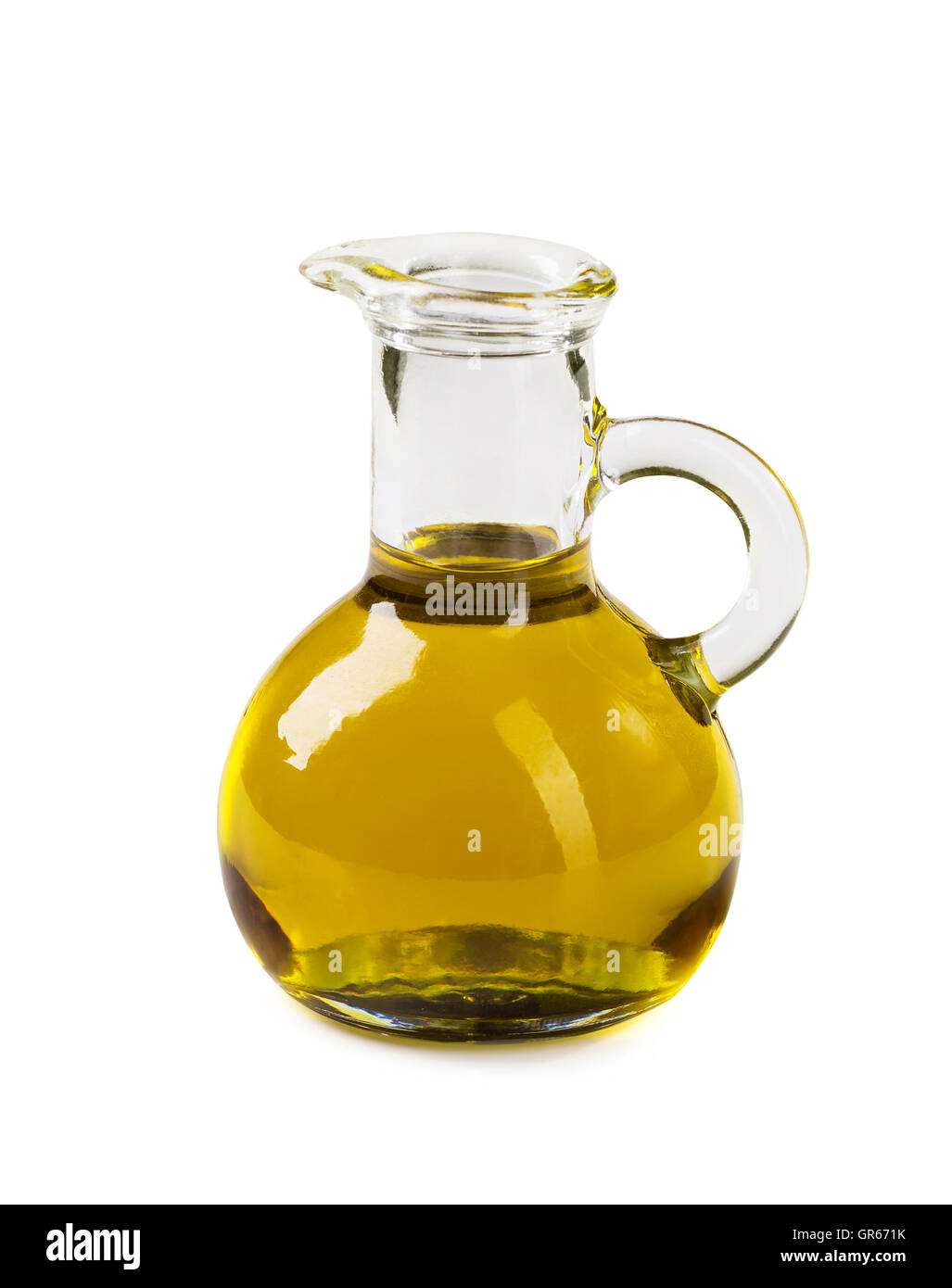 L'huile végétale dans une carafe en verre isolé sur fond blanc Banque D'Images