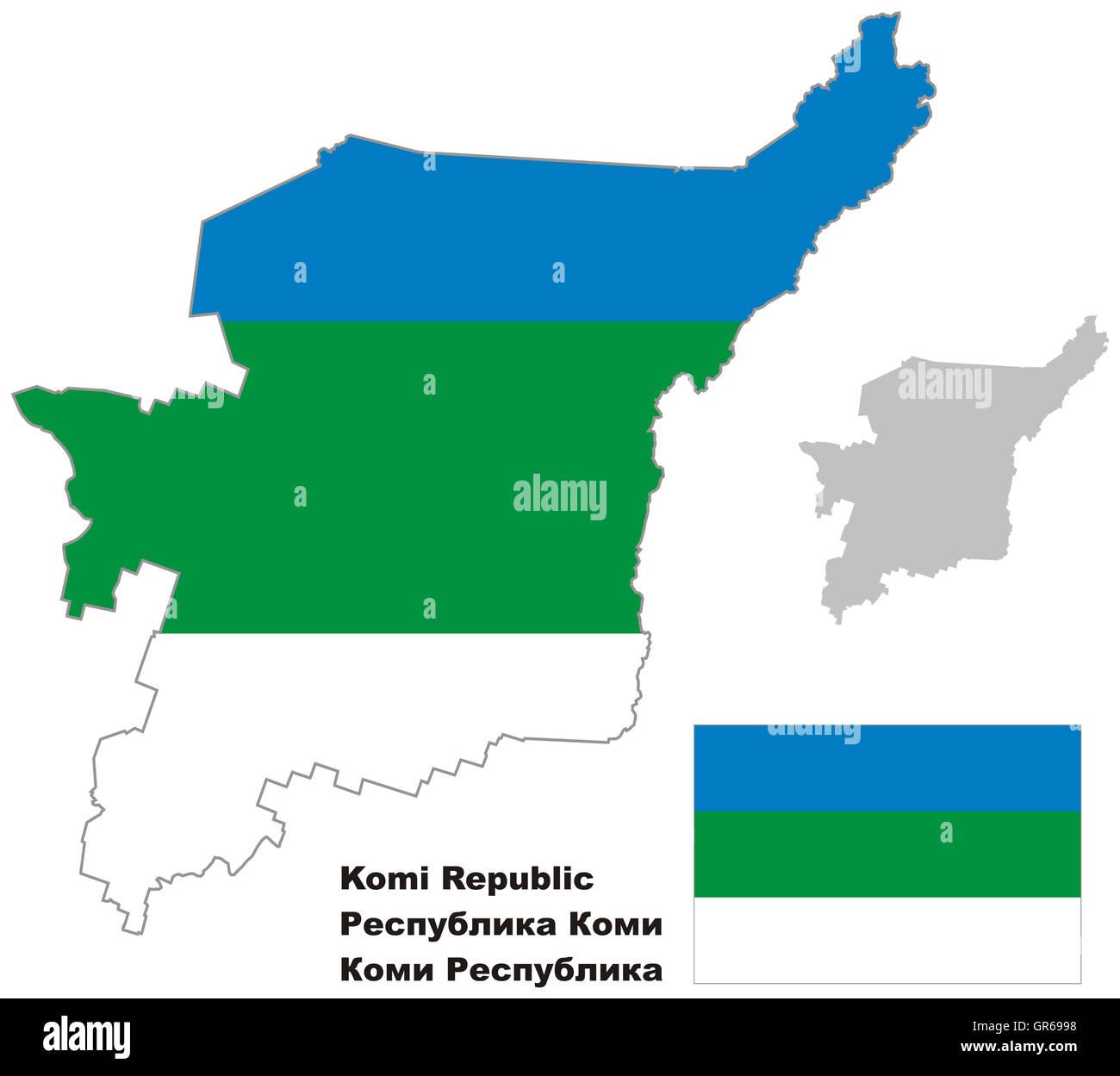 Contour plan de Komi avec drapeau. Régions de la Russie. Vector illustration. Banque D'Images