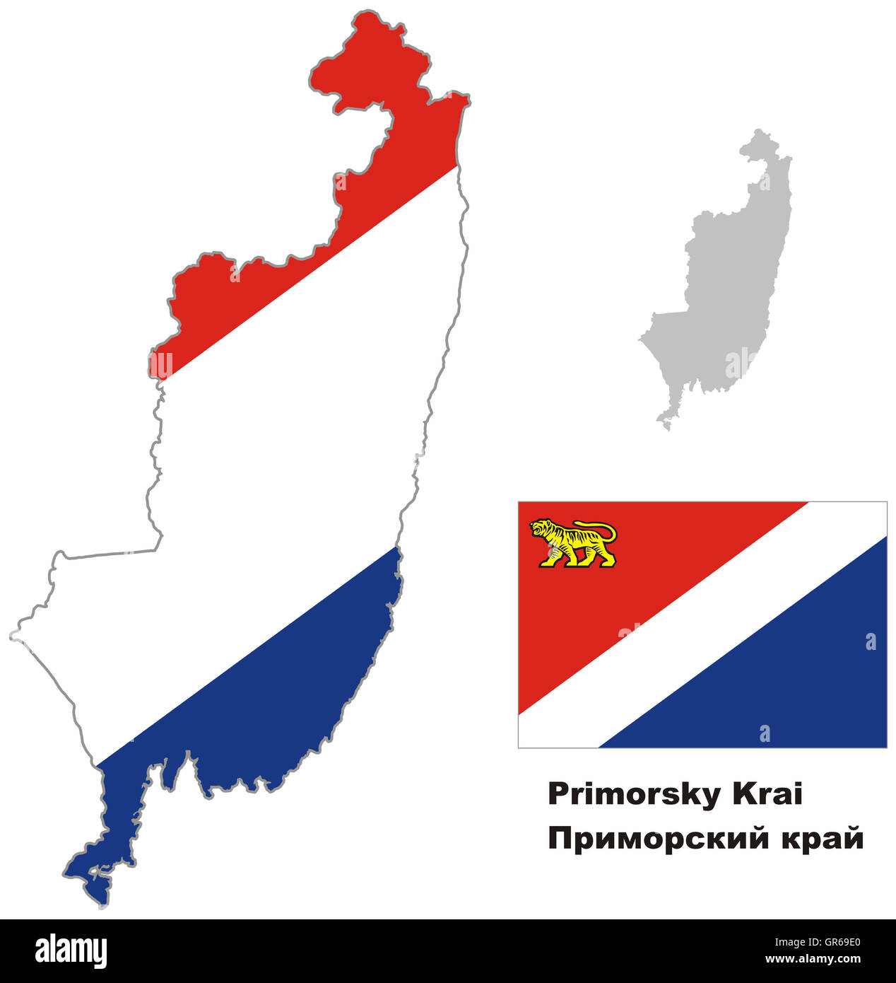 Contour plan de Primorsky Krai avec drapeau. Régions de la Russie. Vector illustration. Banque D'Images