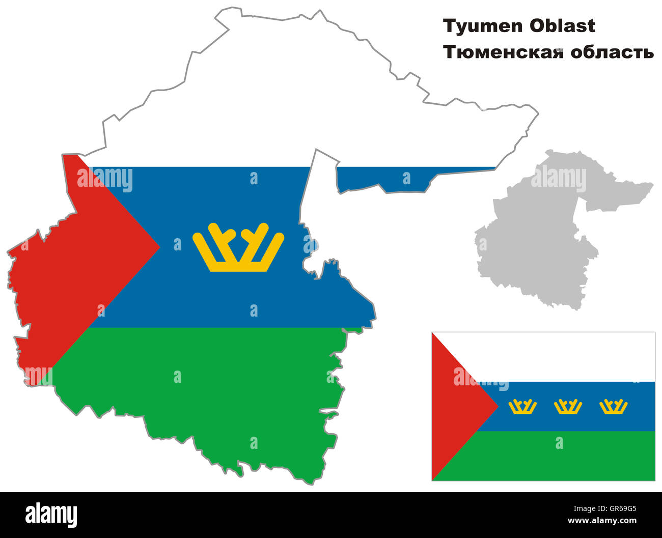 Contour plan de Oblast de Tioumen avec drapeau. Régions de la Russie. Vector illustration. Banque D'Images