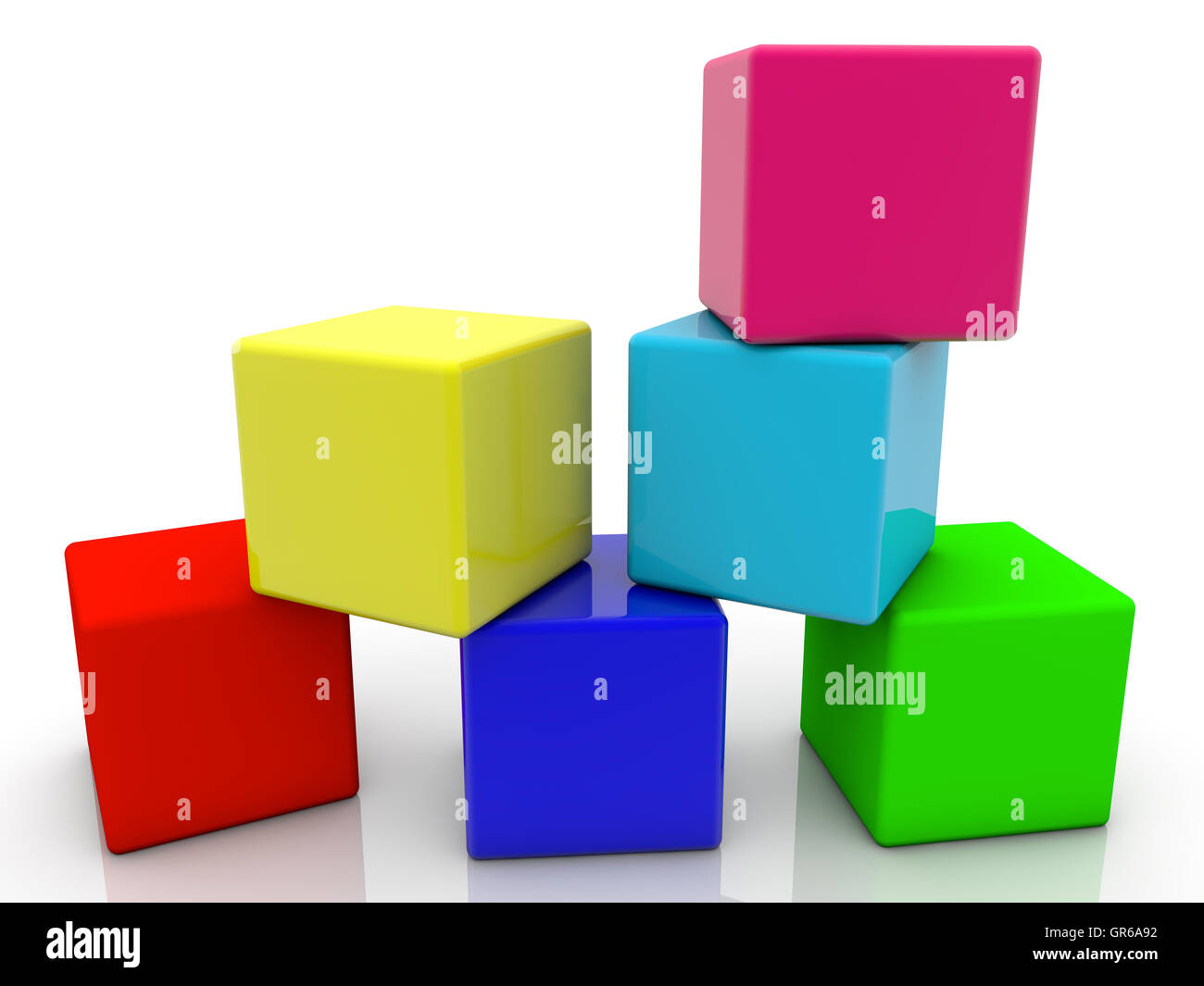 Cubes jouet en six couleurs sur Blanc Banque D'Images