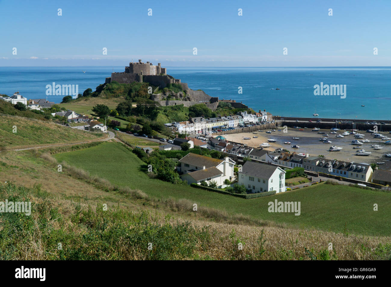 Vue panoramique du Mont Orguiel,Château,Jersey Channel Islands. Banque D'Images