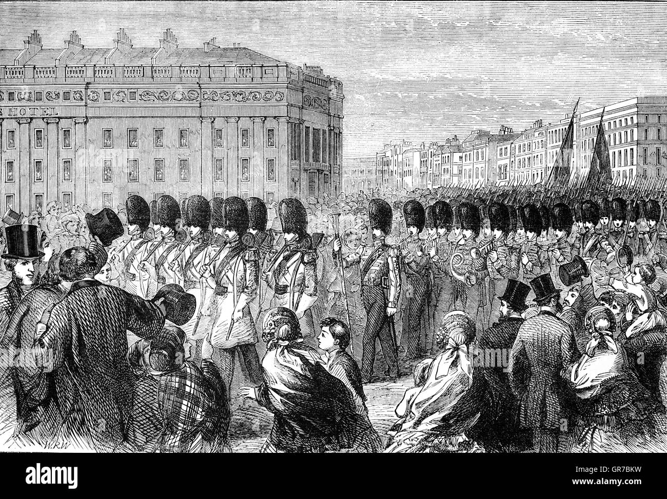 Le départ du Grenadier Guards de Londres à la guerre de Crimée en 1854. Banque D'Images