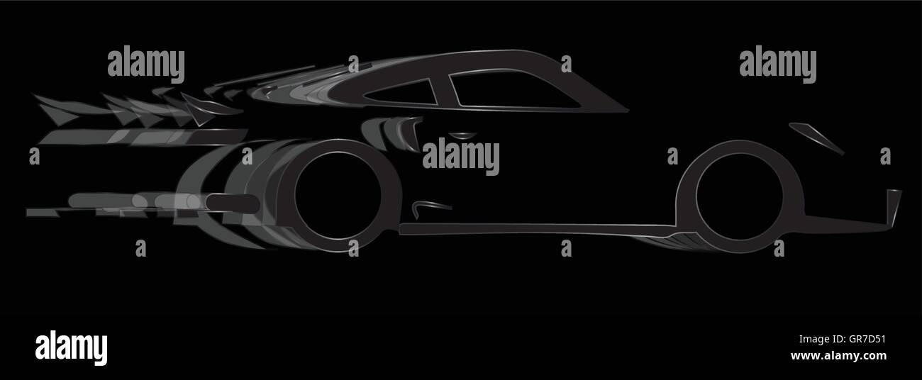 Une voiture rapide en silhouette avec flou de vitesse sur fond noir Illustration de Vecteur