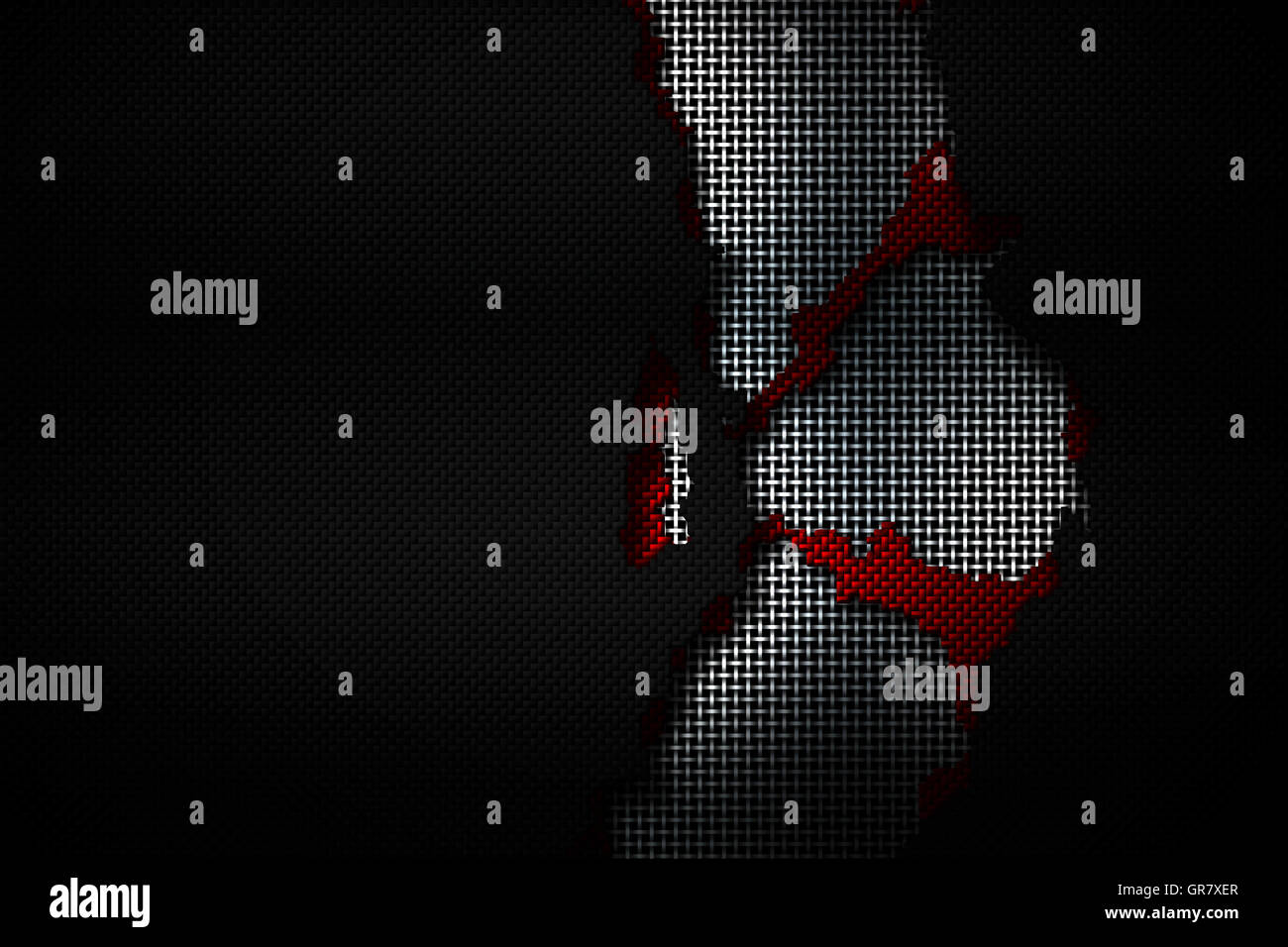 La fibre de carbone noir et rouge larme sur le grillage métallique noir. contexte et la texture. 3d illustration. Banque D'Images