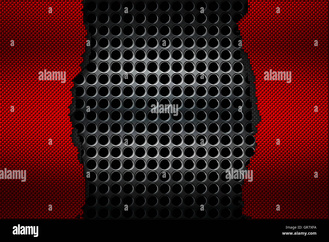 La fibre de carbone noir et rouge larme sur le grillage métallique noir. contexte et la texture. 3d illustration. Banque D'Images