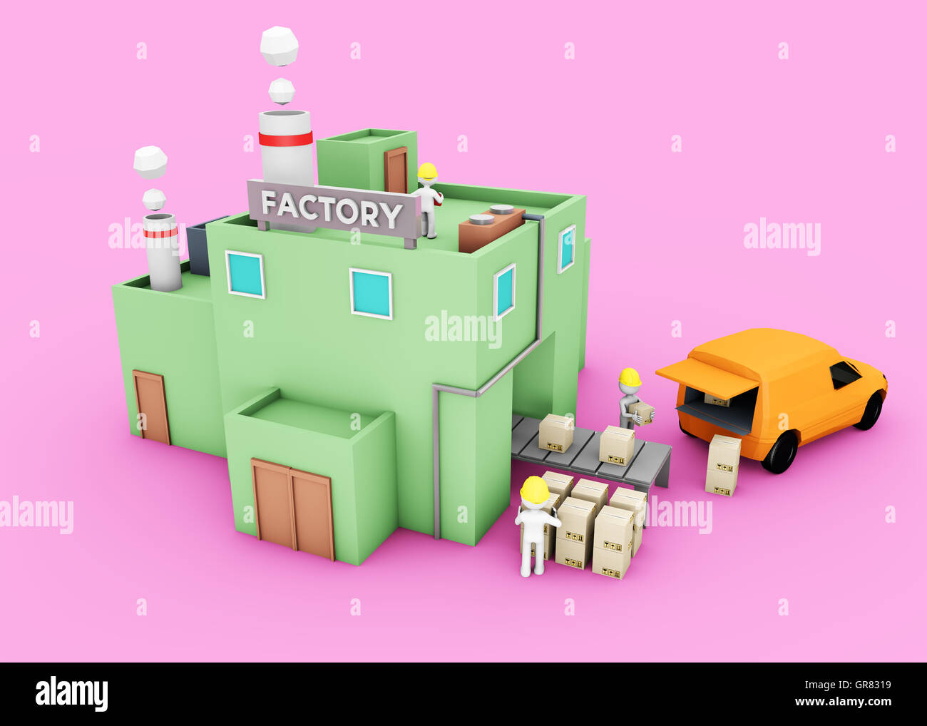 Le rendu 3D de l'usine avec le personnel Banque D'Images