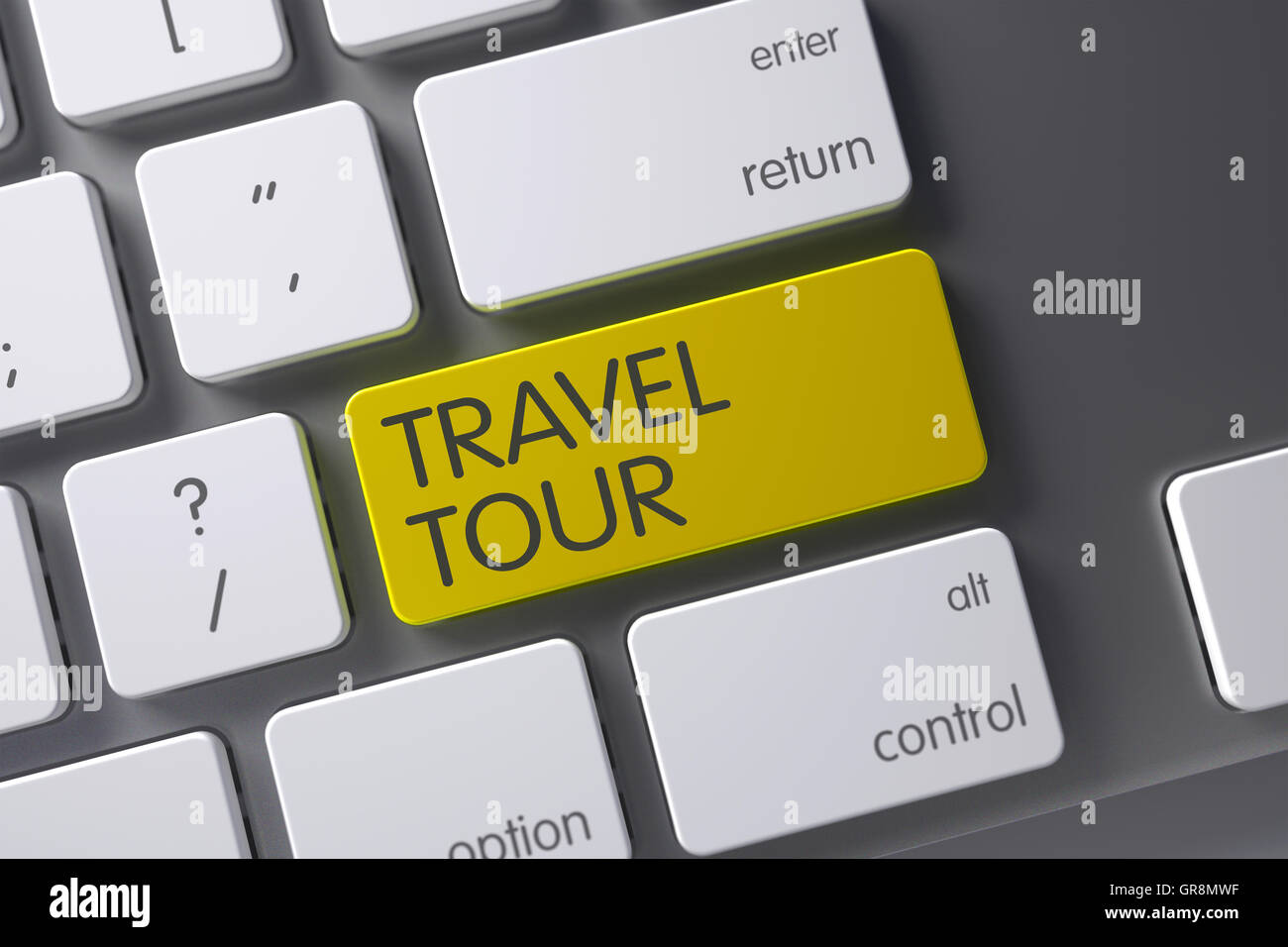 Clavier avec touche jaune - Voyage d'excursion. 3D Illustration. Banque D'Images