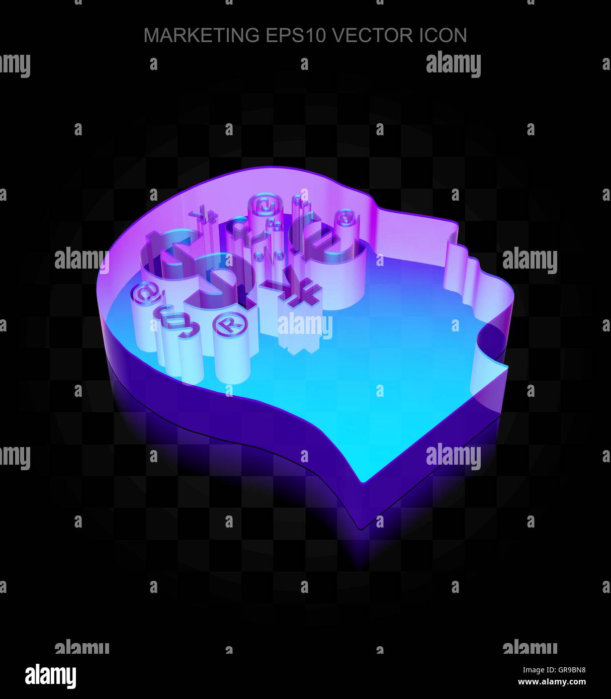 Icône Marketing : 3d neon tête rougeoyant avec symbole des Finances fait de verre, vecteur EPS 10. Illustration de Vecteur