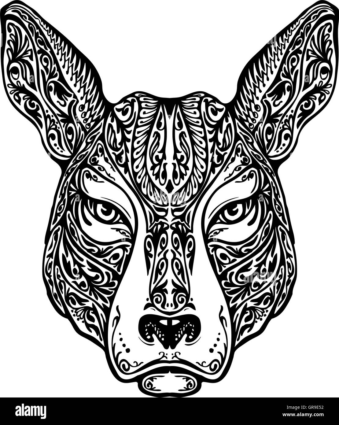 Chien ornementées ethniques, pit-bull terrier ou kangourou. Hand drawn vector illustration avec éléments floraux Illustration de Vecteur