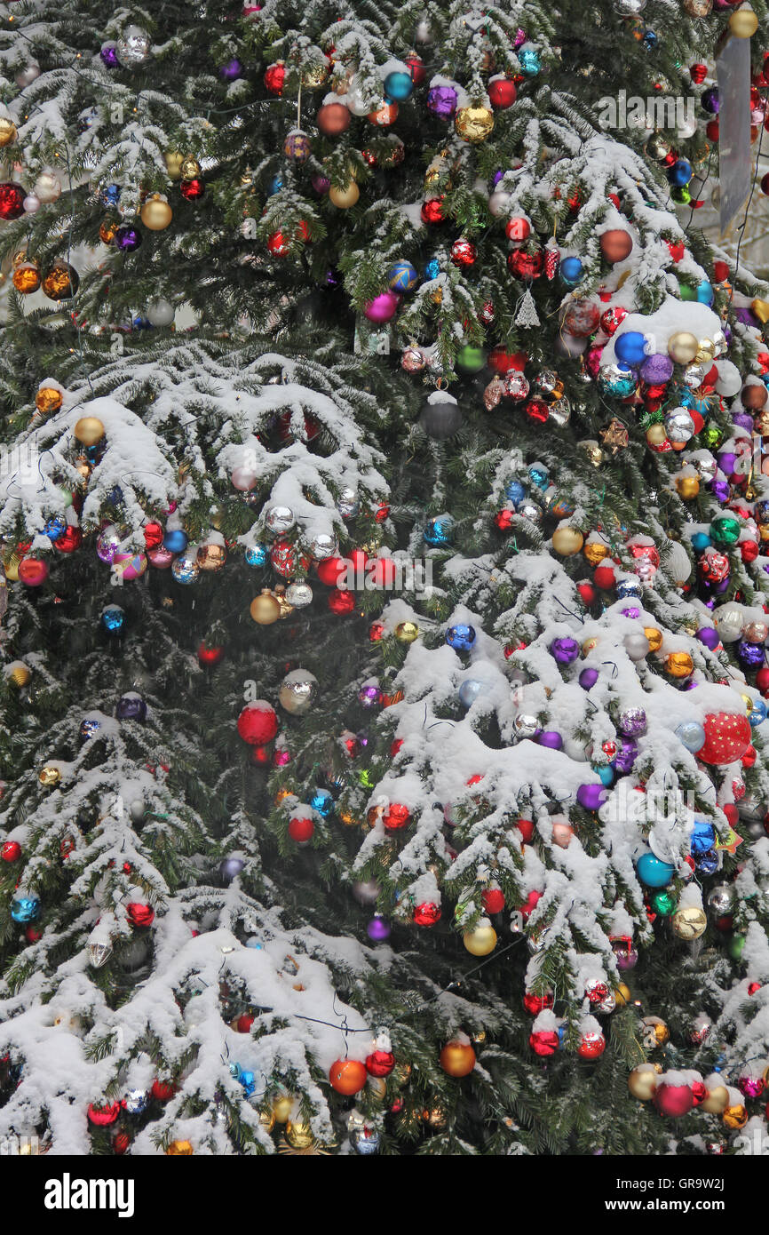 Arbre de Noël avec de la neige et des perles de verre Banque D'Images