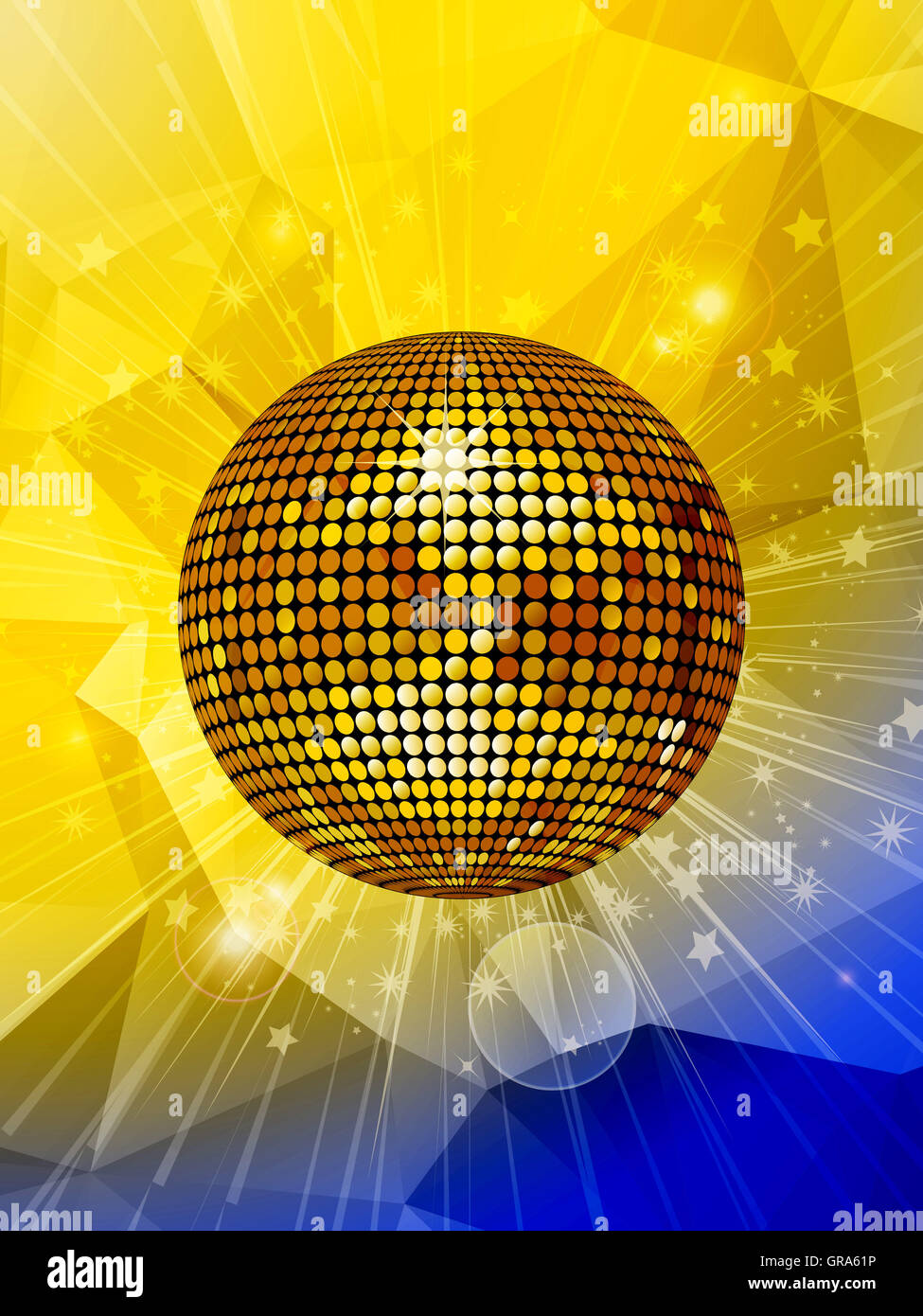 Golden boule disco sur Star Burst avec lens flares sur jaune et bleu fond géométrique Banque D'Images
